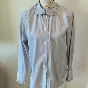 Striped Button-Up Blouse with Ruffle Collar